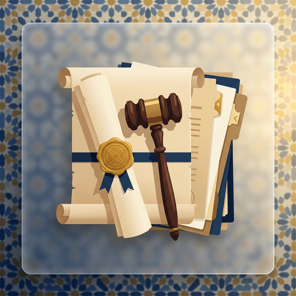 Premium editorial illustration: a wooden judge's gavel resting on a rolled parchment with a gold-wax seal, neatly stacked legal documents beside it, soft golden side light, ornamental Moroccan zellige hint in the background, glassmorphism translucent frame, parchment + seal-gold + ink-blue palette, minimal flat-vector style, no text in the artwork.