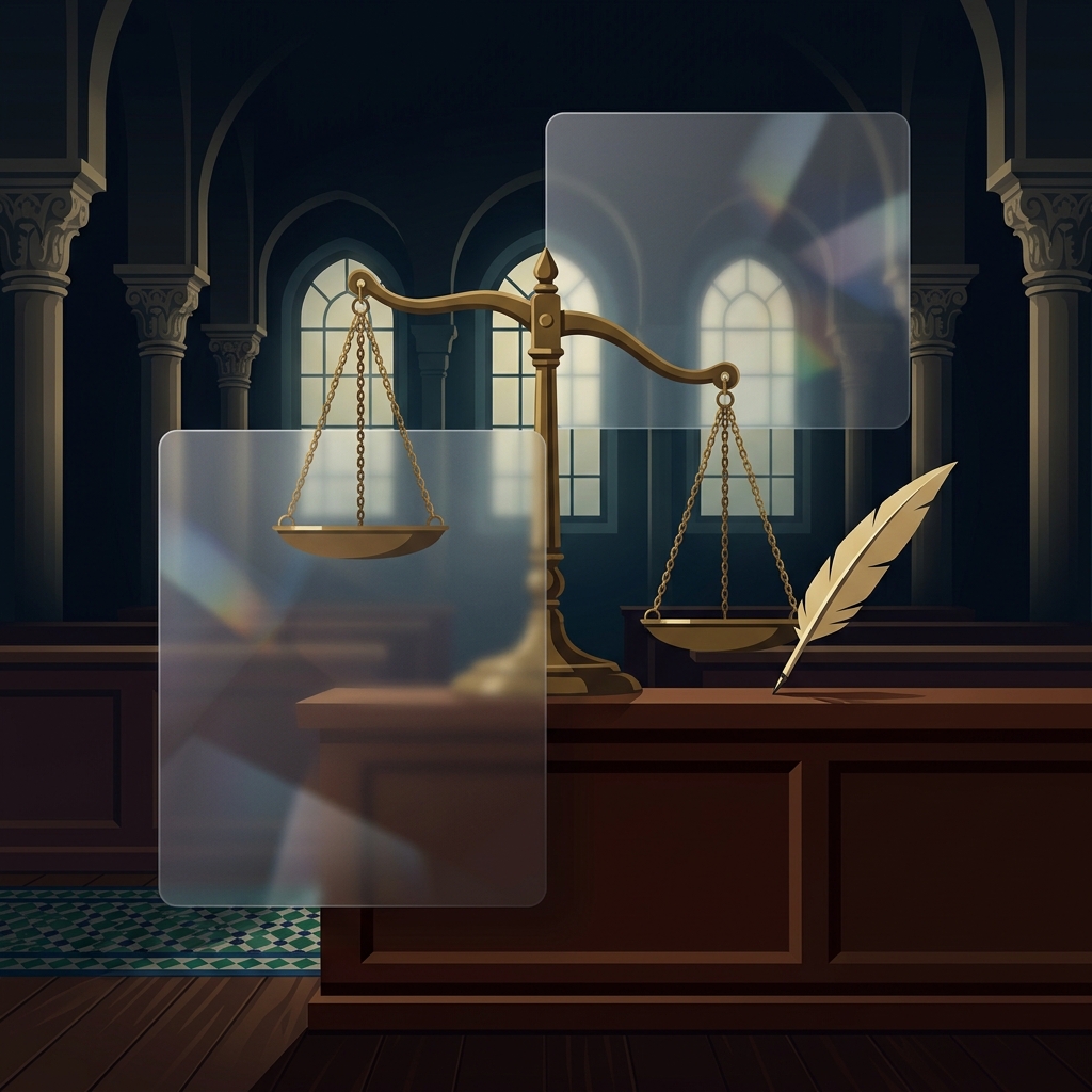 Premium editorial illustration: ornate brass scales of justice tipping toward a quill pen on a polished court bench, dim courtroom lighting with deep shadows, ornate columns receding in the background, Moroccan zellige pattern hint at the floor edge, glassmorphism overlay, ink-blue + seal-gold + deep parchment palette, minimal flat-vector style, no text in the artwork.