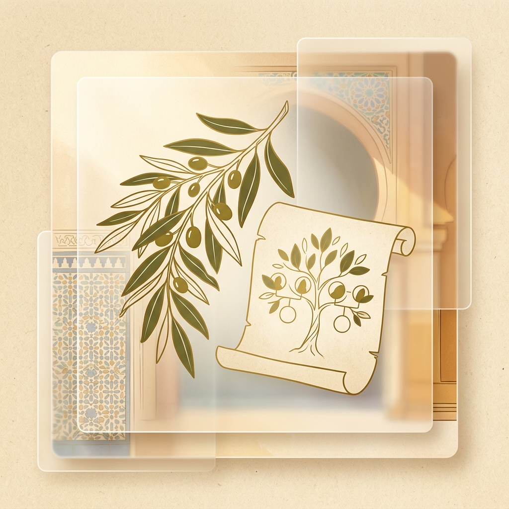 Premium editorial illustration: an olive branch and a small open family tree sketched on warm parchment, a traditional Moroccan home archway and zellige tilework hinted in the background, golden-hour warmth, glassmorphism overlay, warm-parchment + seal-gold + olive-green palette, minimal flat-vector style, no text in the artwork.