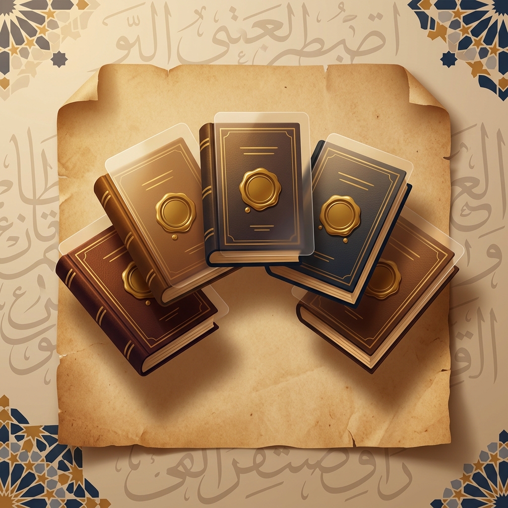 Premium editorial illustration for a Moroccan legal-tech platform: five floating leather-bound law books arranged in a soft fan above warm parchment paper, each book showing a deep gold wax seal, subtle Arabic calligraphy ghosted into the background, ornamental zellige geometric pattern at the corners, warm chiaroscuro lighting, minimal flat-vector style with delicate glassmorphism overlays, parchment + seal-gold + ink-blue palette, no text in the artwork.