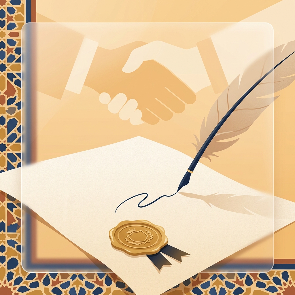 Premium editorial illustration: a feather quill mid-stroke writing on a parchment contract with a gold-wax seal pressed beneath, two ornate handshake silhouettes ghosted into the background, soft amber light, Moroccan zellige border hint, glassmorphism overlay, parchment + seal-gold + ink-blue palette, minimal flat-vector style, no text in the artwork.