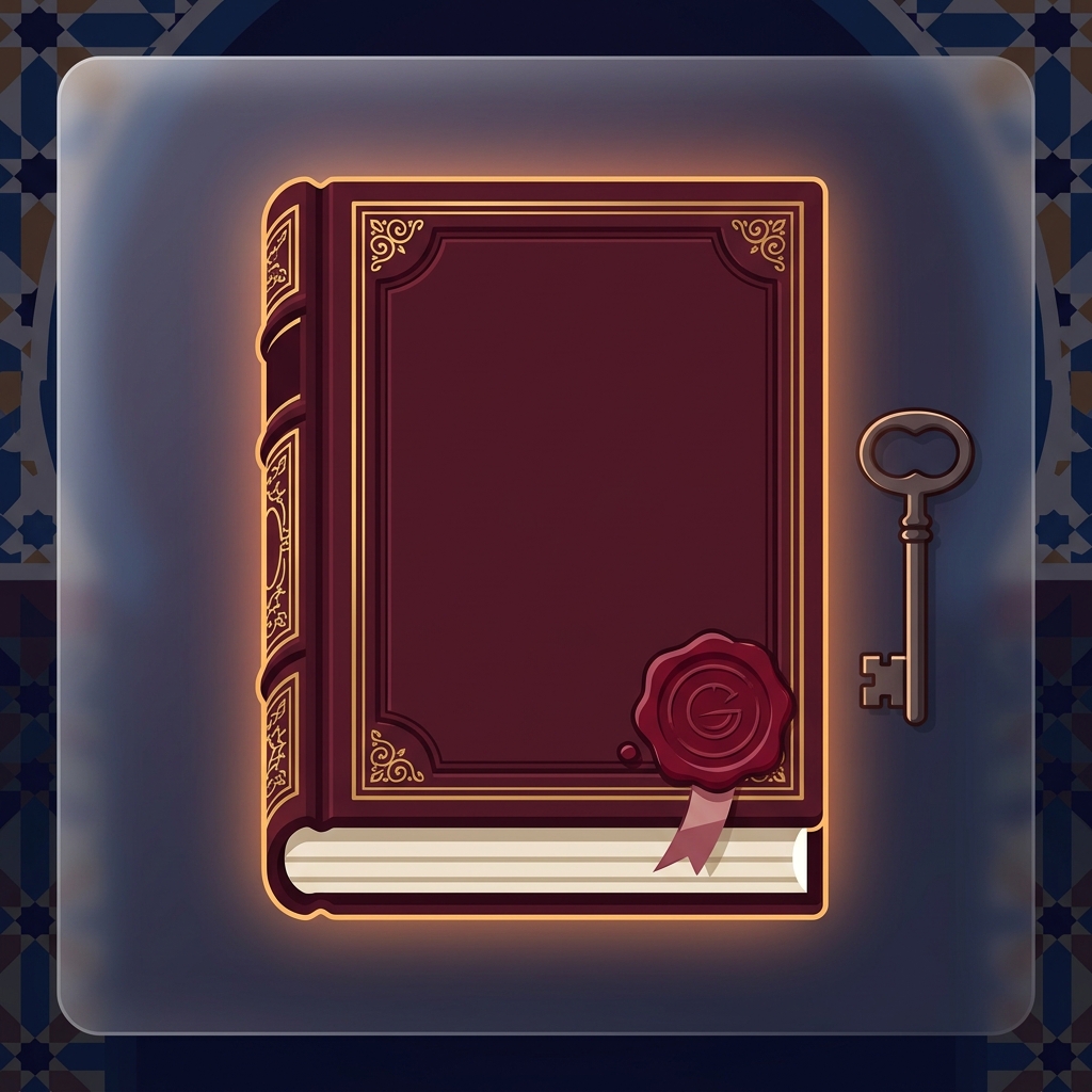 Premium editorial illustration: a closed leather-bound legal tome with intricate gold embossing on the spine, a deep crimson wax seal at the corner, an iron key resting beside it, dramatic warm rim-light, Moroccan zellige hint along the edges, glassmorphism translucent frame, leather-burgundy + seal-gold + ink-blue palette, minimal flat-vector style, no text in the artwork.